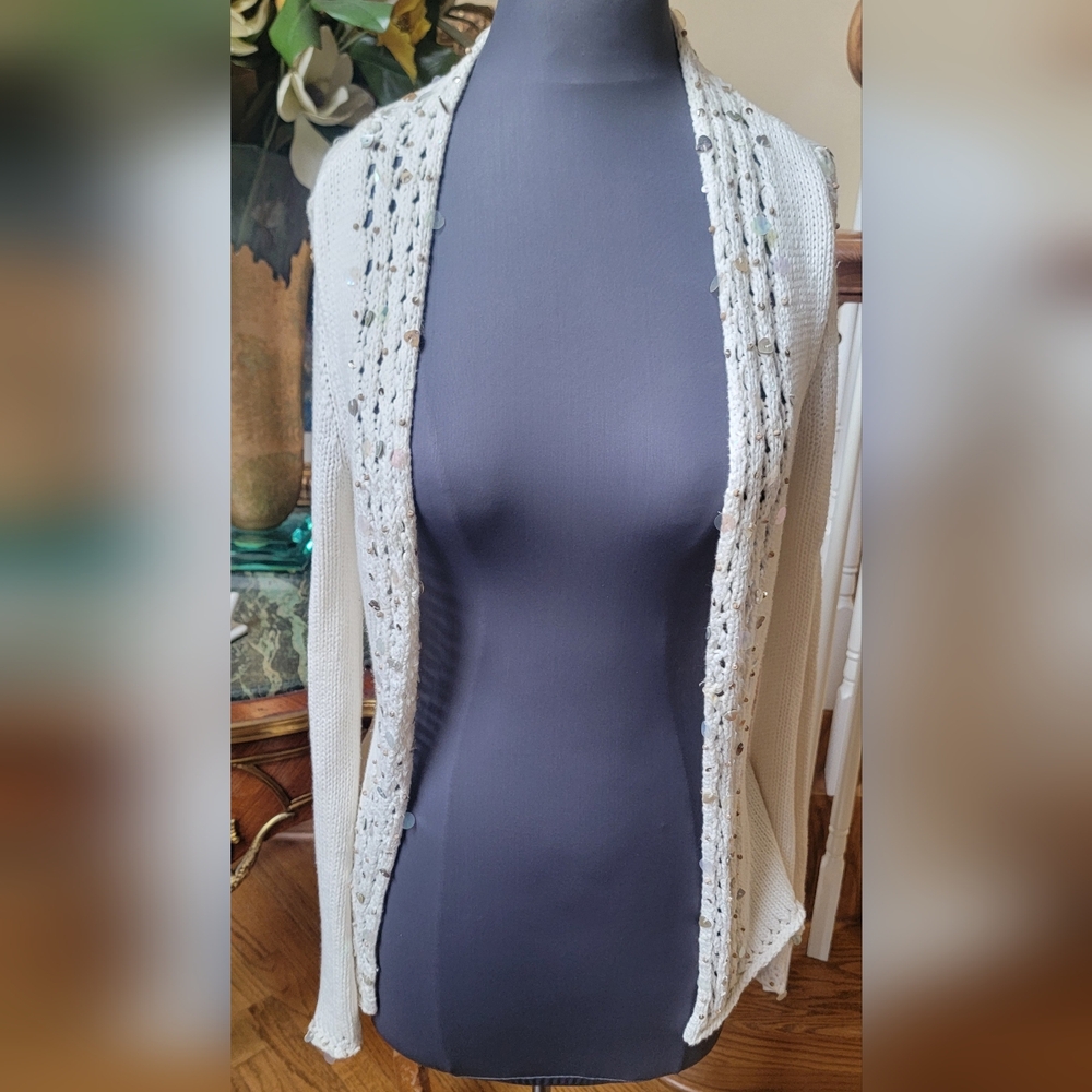 ARDEN B COTTON RAYON White W Sequins Soft Open Collar Long Sweater L